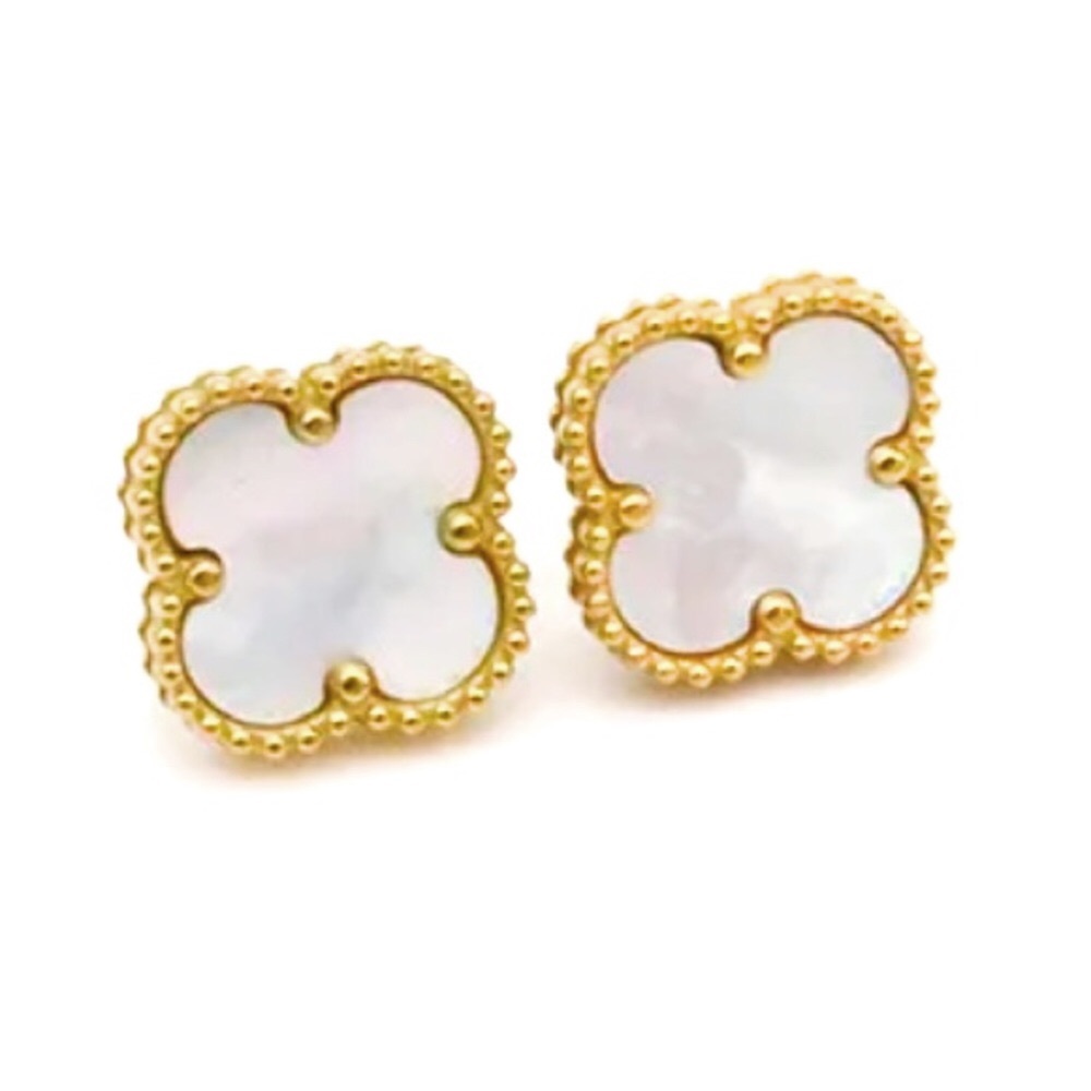 Mother of Pearl Clover Quatrefoil Motif Gold Earrings
